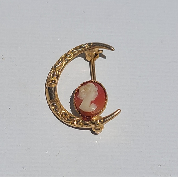 Vintage Cameo On Half Moon Brooch Textured Gold Tone And Resin - Picture 1 of 4